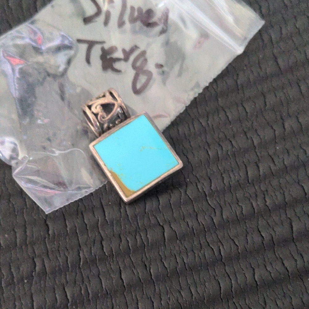 Genuine Turquoise 2 Sided, Square Pendant. Sterling Silver.